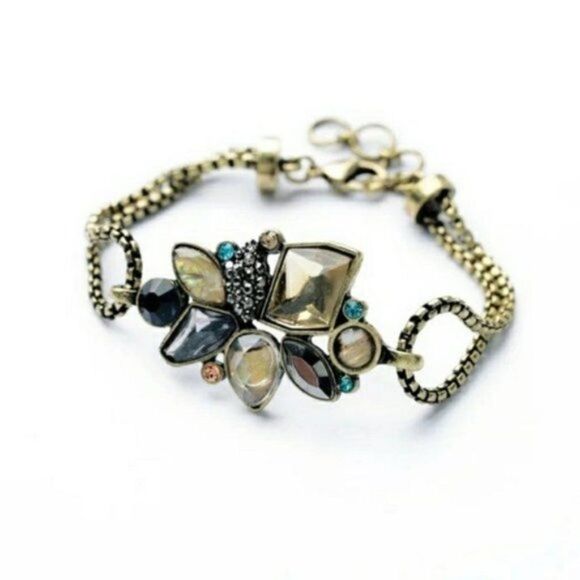 Blue Flower Crystal Rhinestone Vintage Gold Statement Bracelet - Picture 1 of 8